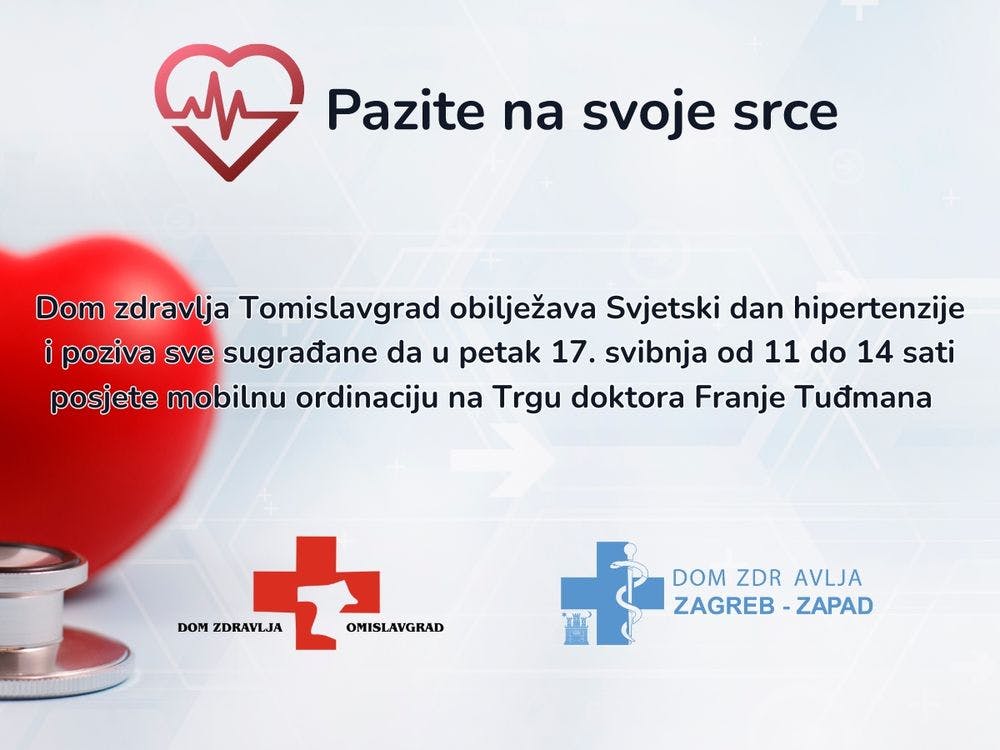 Dom zdravlja Tomislavgrad obilježava Svjetski dan hipertenzije  i poziva sve sugrađane da u    petak 17. svibnja od 11 do 14 sati  posjete mobilnu ordinaciju na Trgu doktora Franje Tuđmana   